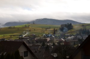 A moment of sunlight over Schleitheim between pelting rains 
